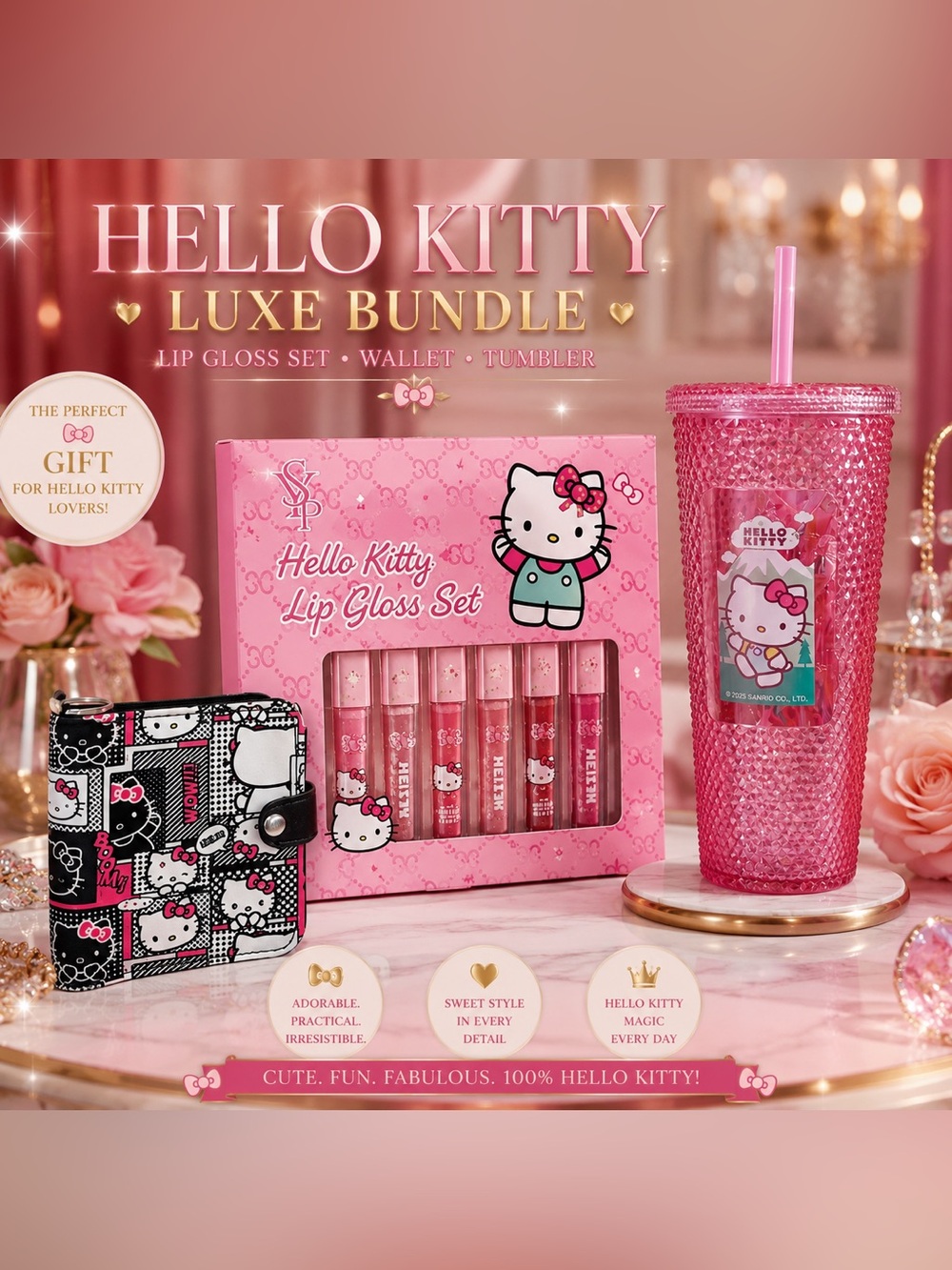 🎀 Hello Kitty Pink Beauty & Accessories Bundle – Lip Gloss, Wallet & Tumbler $75